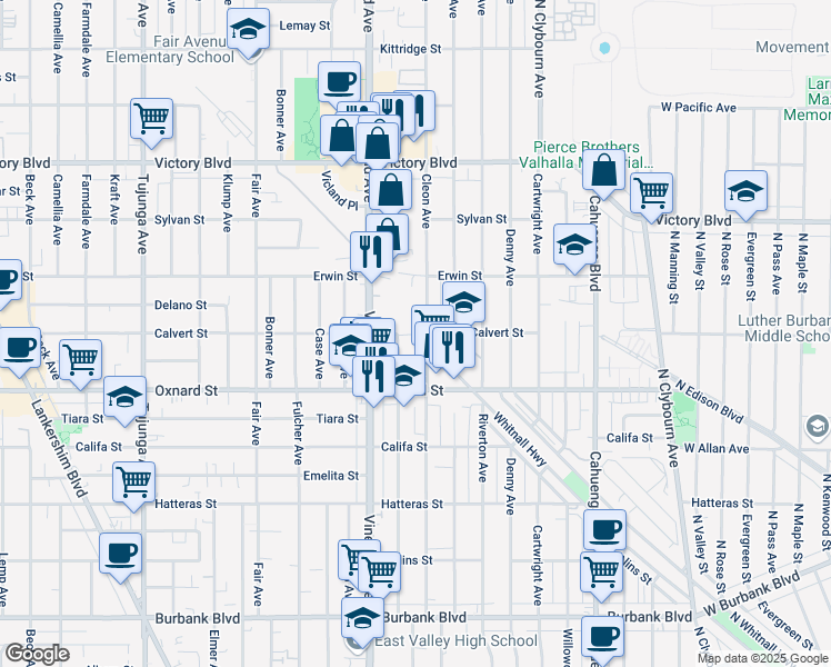 map of restaurants, bars, coffee shops, grocery stores, and more near 6148 Cleon Avenue in Los Angeles