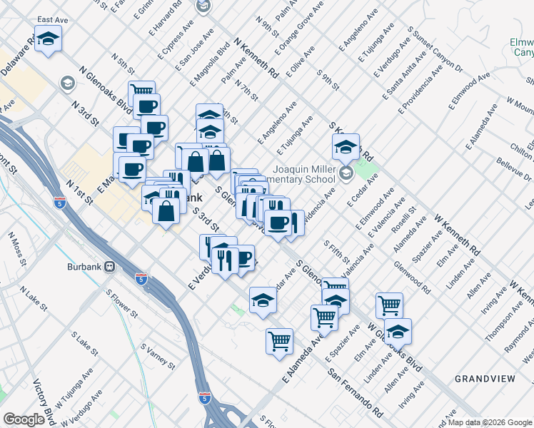 map of restaurants, bars, coffee shops, grocery stores, and more near 434 East Verdugo Avenue in Burbank