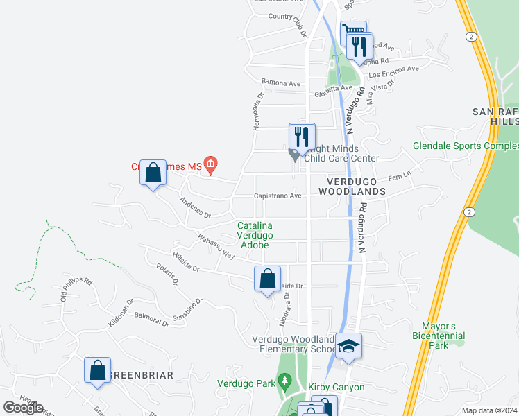 map of restaurants, bars, coffee shops, grocery stores, and more near 2319 Blanchard Drive in Glendale
