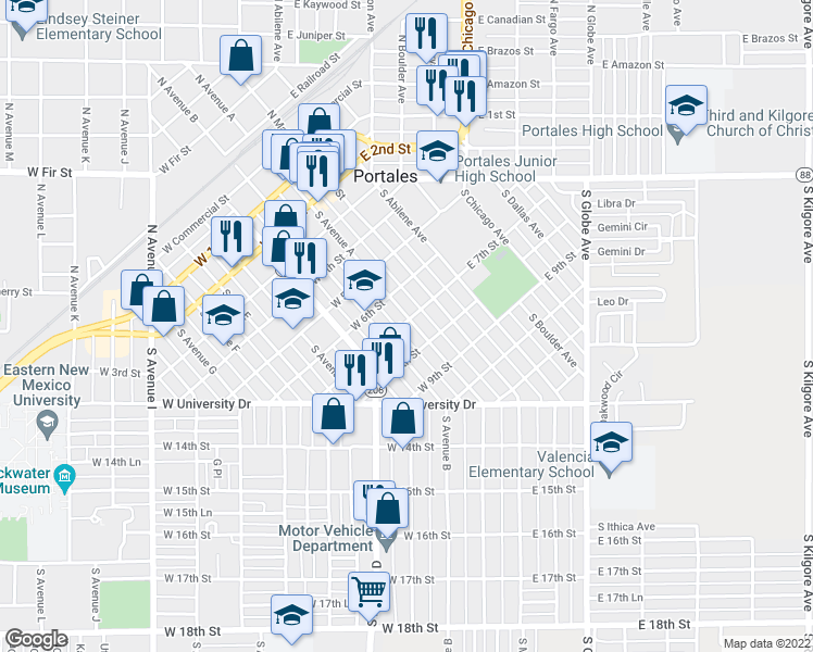 map of restaurants, bars, coffee shops, grocery stores, and more near 207 West 7th Street in Portales
