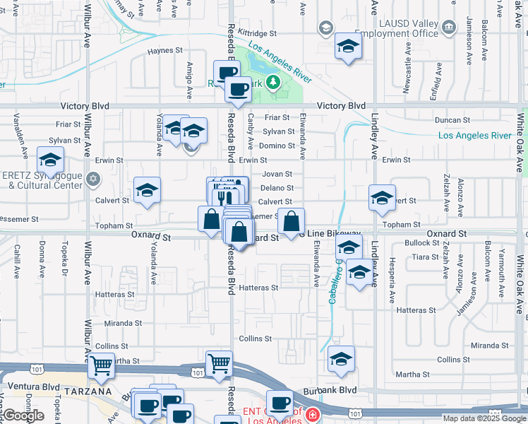 map of restaurants, bars, coffee shops, grocery stores, and more near 18409 Bessemer Street in Los Angeles