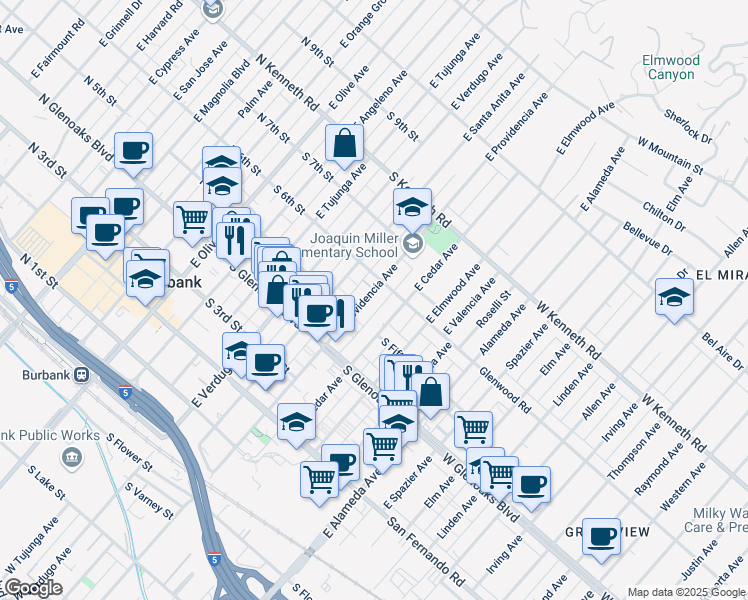 map of restaurants, bars, coffee shops, grocery stores, and more near 550 East Providencia Avenue in Burbank