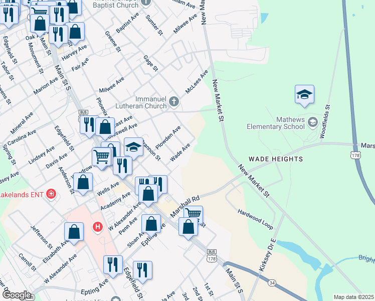 map of restaurants, bars, coffee shops, grocery stores, and more near 1109 Florence Street in Greenwood
