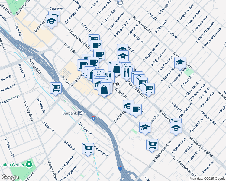 map of restaurants, bars, coffee shops, grocery stores, and more near 327 East Angeleno Avenue in Burbank