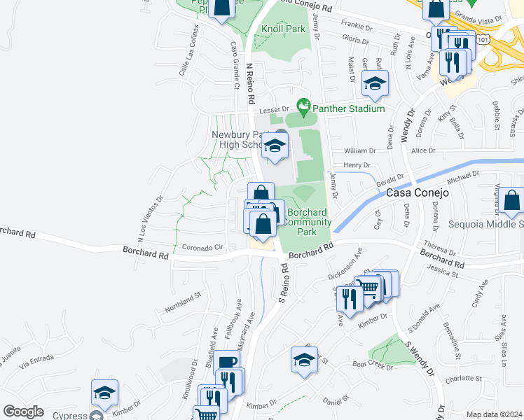 map of restaurants, bars, coffee shops, grocery stores, and more near 3637 San Vincente Lane in Thousand Oaks