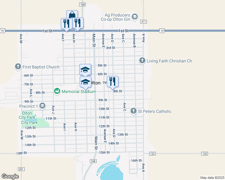 map of restaurants, bars, coffee shops, grocery stores, and more near 311 7th Street in Olton