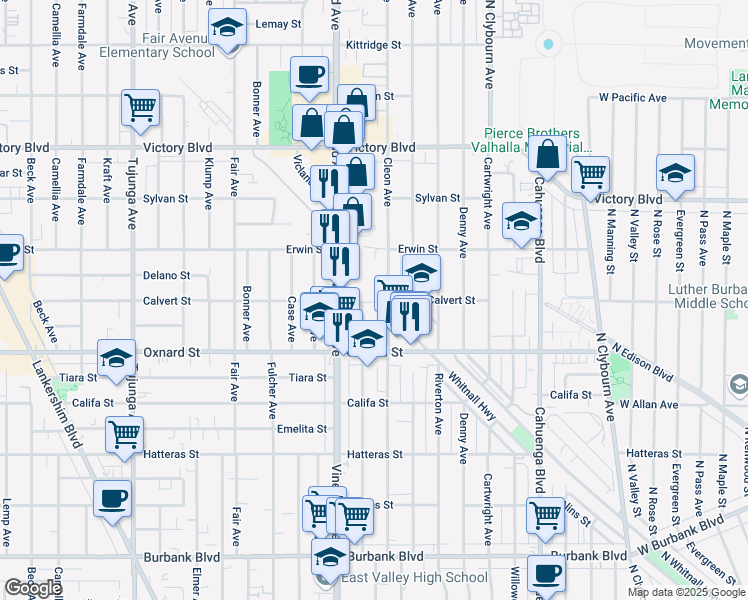 map of restaurants, bars, coffee shops, grocery stores, and more near 6148 Cleon Avenue in Los Angeles