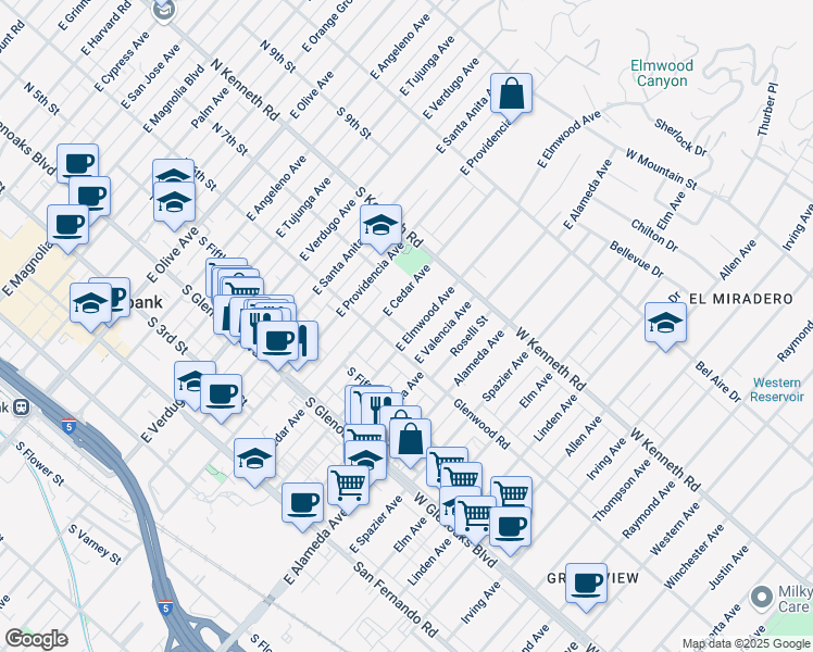 map of restaurants, bars, coffee shops, grocery stores, and more near 619 East Elmwood Avenue in Burbank