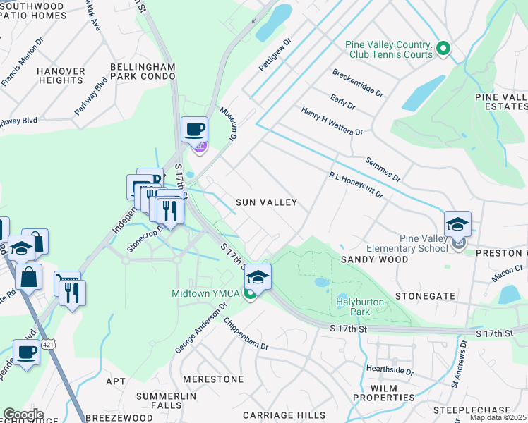 map of restaurants, bars, coffee shops, grocery stores, and more near 2318 Robert Hoke Road in Wilmington
