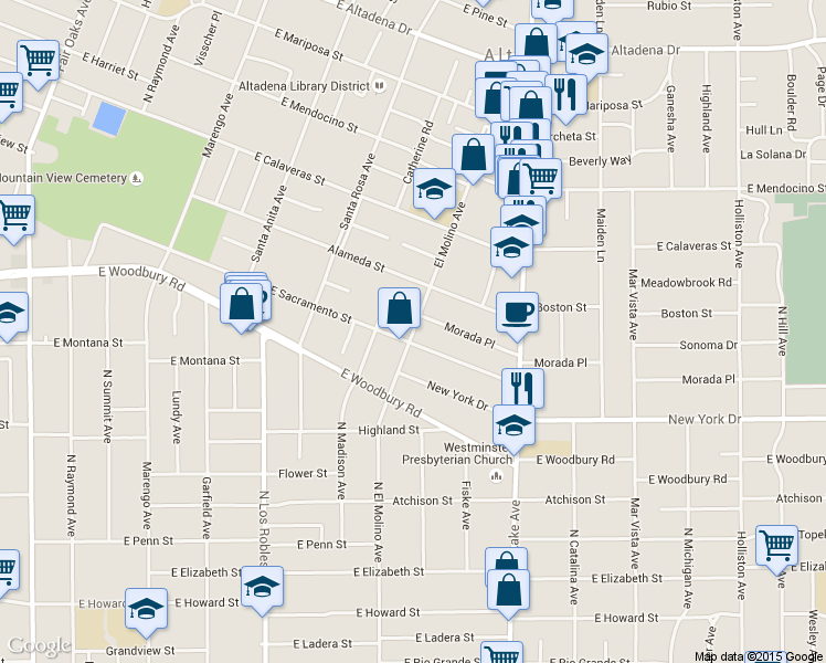 map of restaurants, bars, coffee shops, grocery stores, and more near 2077 El Molino Avenue in Altadena