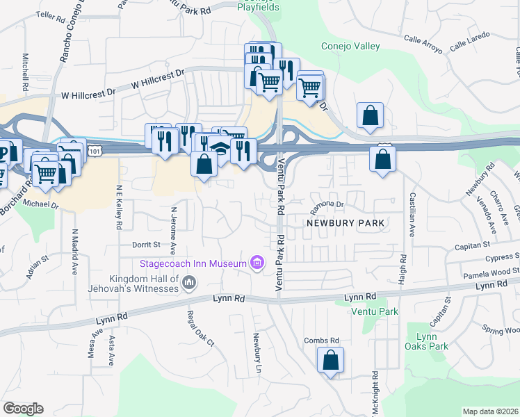 map of restaurants, bars, coffee shops, grocery stores, and more near 1570 Silver Shadow Drive in Thousand Oaks
