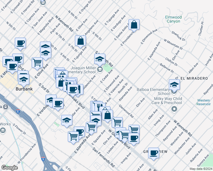 map of restaurants, bars, coffee shops, grocery stores, and more near 619 East Elmwood Avenue in Burbank