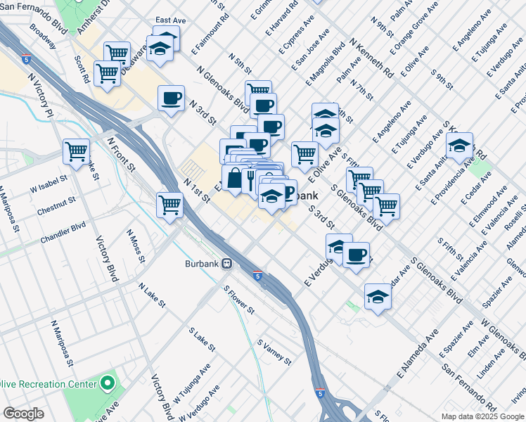 map of restaurants, bars, coffee shops, grocery stores, and more near 220 North San Fernando Boulevard in Burbank