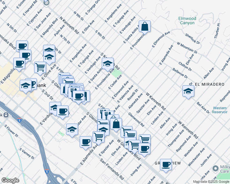 map of restaurants, bars, coffee shops, grocery stores, and more near 701 East Elmwood Avenue in Burbank