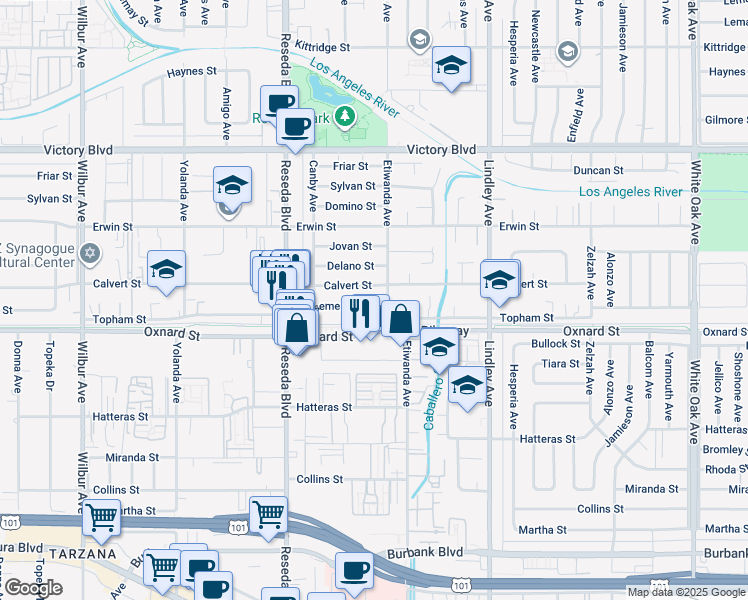 map of restaurants, bars, coffee shops, grocery stores, and more near 18313 Bessemer Street in Los Angeles