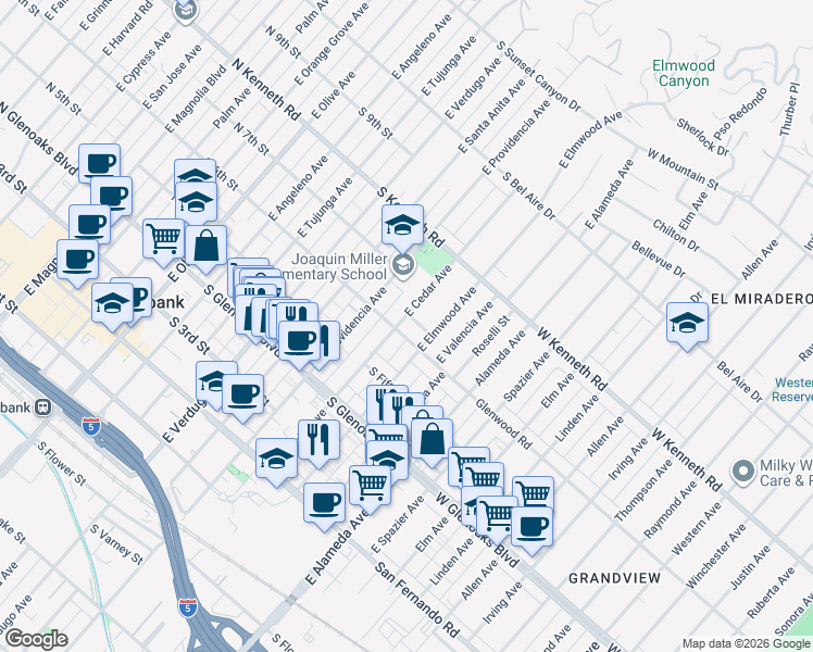 map of restaurants, bars, coffee shops, grocery stores, and more near 700 South 6th Street in Burbank