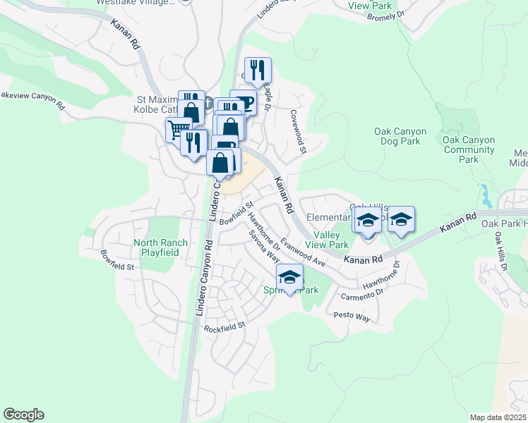 map of restaurants, bars, coffee shops, grocery stores, and more near 5005 Evanwood Avenue in Oak Park