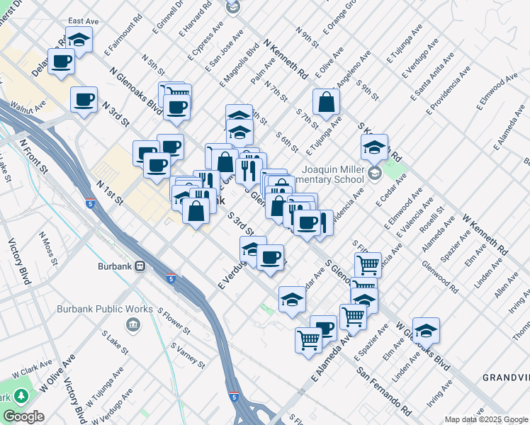 map of restaurants, bars, coffee shops, grocery stores, and more near 303 South Glenoaks Boulevard in Burbank