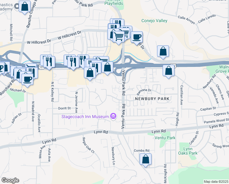 map of restaurants, bars, coffee shops, grocery stores, and more near 1570 Silver Shadow Drive in Thousand Oaks