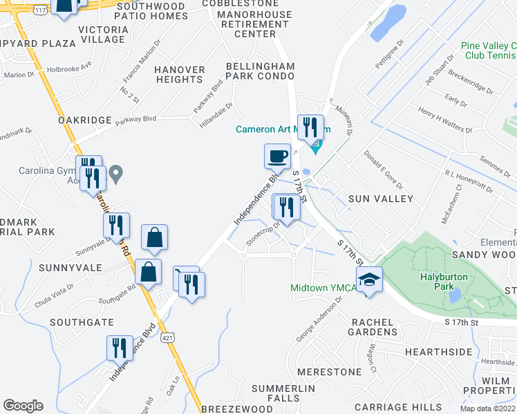 map of restaurants, bars, coffee shops, grocery stores, and more near 3226 Independence Boulevard in Wilmington