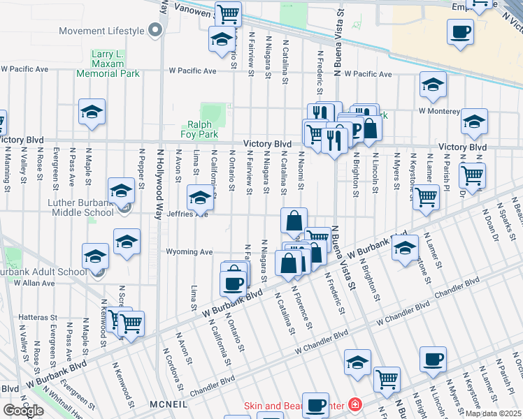 map of restaurants, bars, coffee shops, grocery stores, and more near 1505 North Niagara Street in Burbank
