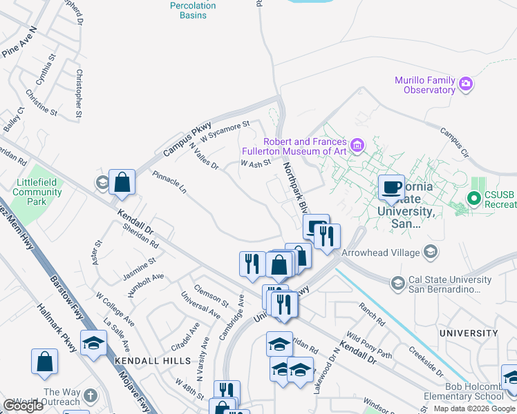 map of restaurants, bars, coffee shops, grocery stores, and more near 5487 North Valles Drive in San Bernardino