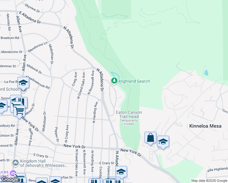 map of restaurants, bars, coffee shops, grocery stores, and more near 2078 Canyon Close Road in Pasadena