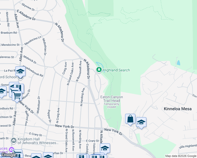 map of restaurants, bars, coffee shops, grocery stores, and more near 2078 Canyon Close Road in Pasadena