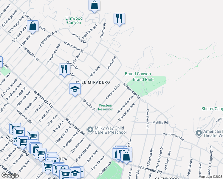 map of restaurants, bars, coffee shops, grocery stores, and more near 1542 Thompson Avenue in Glendale