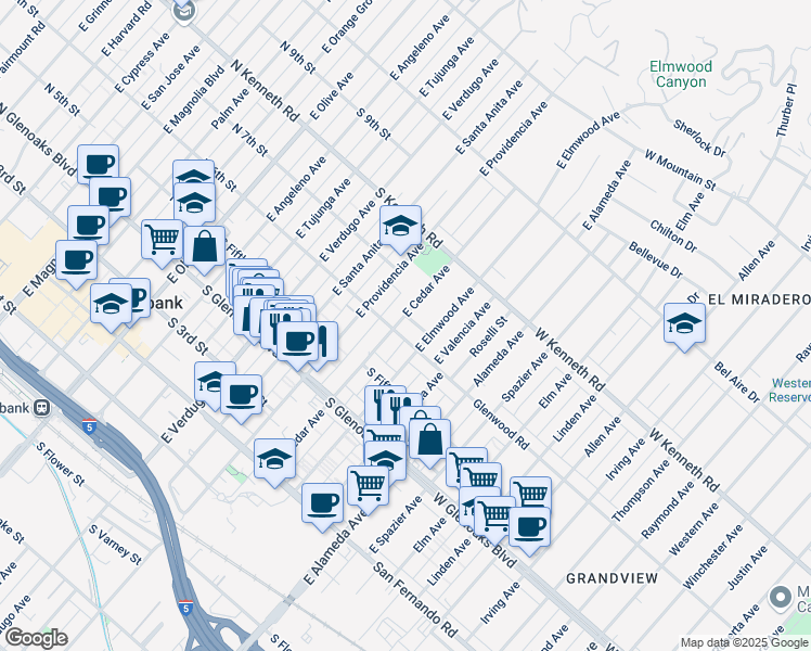 map of restaurants, bars, coffee shops, grocery stores, and more near 623 East Cedar Avenue in Burbank
