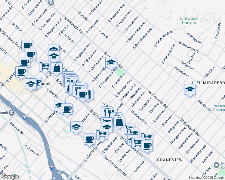 map of restaurants, bars, coffee shops, grocery stores, and more near 700 South 6th Street in Burbank