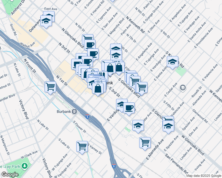 map of restaurants, bars, coffee shops, grocery stores, and more near 327 East Angeleno Avenue in Burbank