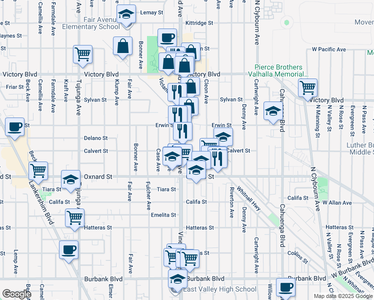 map of restaurants, bars, coffee shops, grocery stores, and more near 6120 Vineland Avenue in Los Angeles