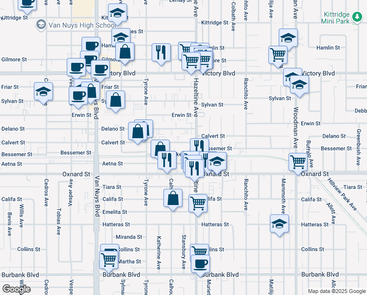 map of restaurants, bars, coffee shops, grocery stores, and more near 14145 Calvert Street in Los Angeles