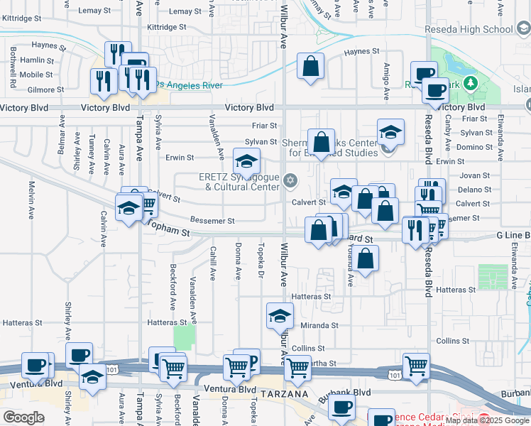 map of restaurants, bars, coffee shops, grocery stores, and more near 18947 Calvert Street in Los Angeles
