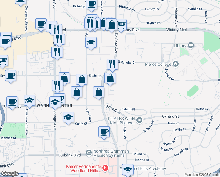 map of restaurants, bars, coffee shops, grocery stores, and more near 6192 De Soto Avenue in Los Angeles