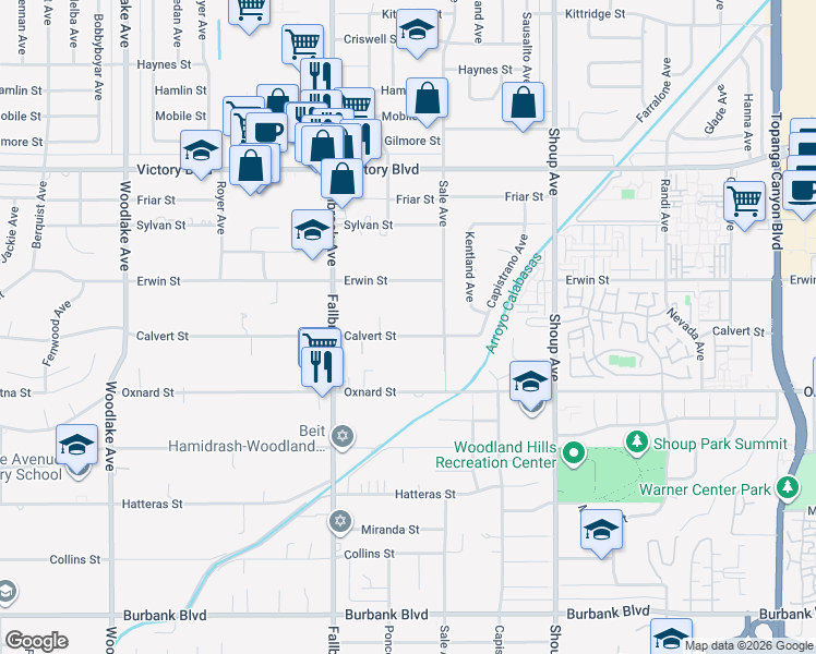 map of restaurants, bars, coffee shops, grocery stores, and more near 22628 Erwin Street in Los Angeles