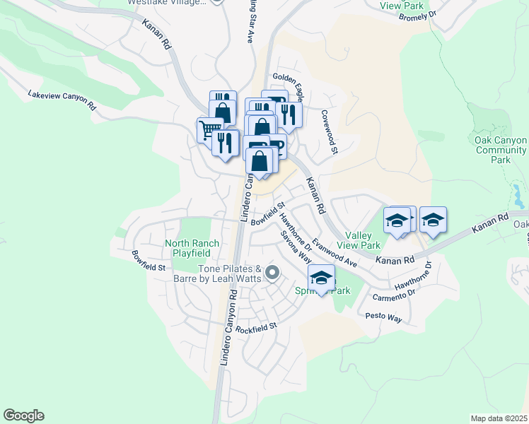 map of restaurants, bars, coffee shops, grocery stores, and more near 5360 Oak Park Lane in Oak Park