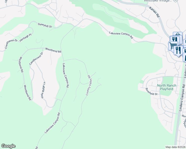 map of restaurants, bars, coffee shops, grocery stores, and more near 1038 Country Valley Road in Westlake Village