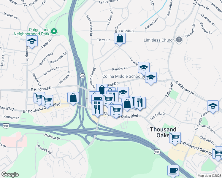 map of restaurants, bars, coffee shops, grocery stores, and more near 226 Rancho Road in Thousand Oaks