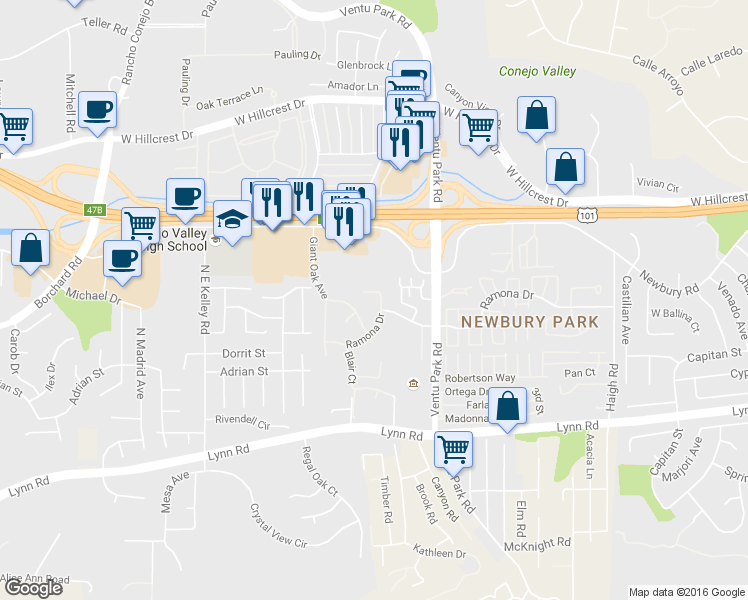 map of restaurants, bars, coffee shops, grocery stores, and more near 262 Twin Falls Court in Thousand Oaks