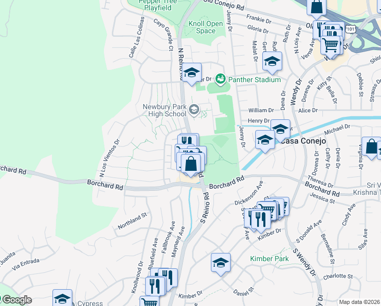 map of restaurants, bars, coffee shops, grocery stores, and more near 3637 San Vincente Lane in Thousand Oaks
