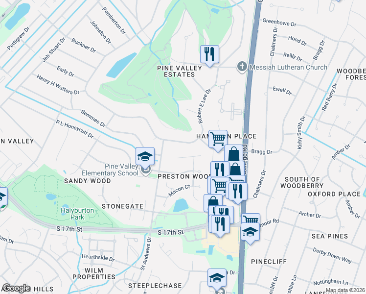 map of restaurants, bars, coffee shops, grocery stores, and more near 722 Robert E Lee Dr in Wilmington