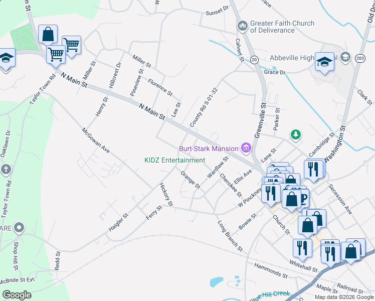 map of restaurants, bars, coffee shops, grocery stores, and more near 101-107 Haigler Saint Exd in Abbeville