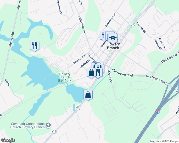 map of restaurants, bars, coffee shops, grocery stores, and more near 5824 Church Street in Flowery Branch