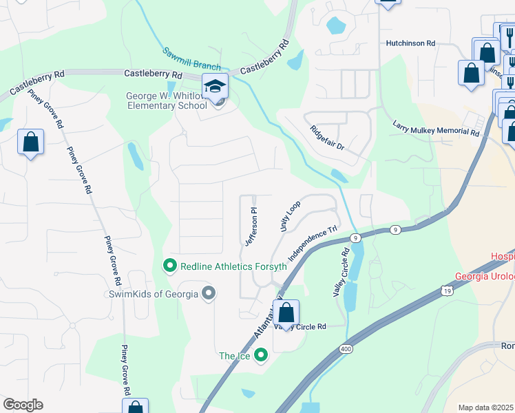 map of restaurants, bars, coffee shops, grocery stores, and more near 625 Jefferson Place in Cumming