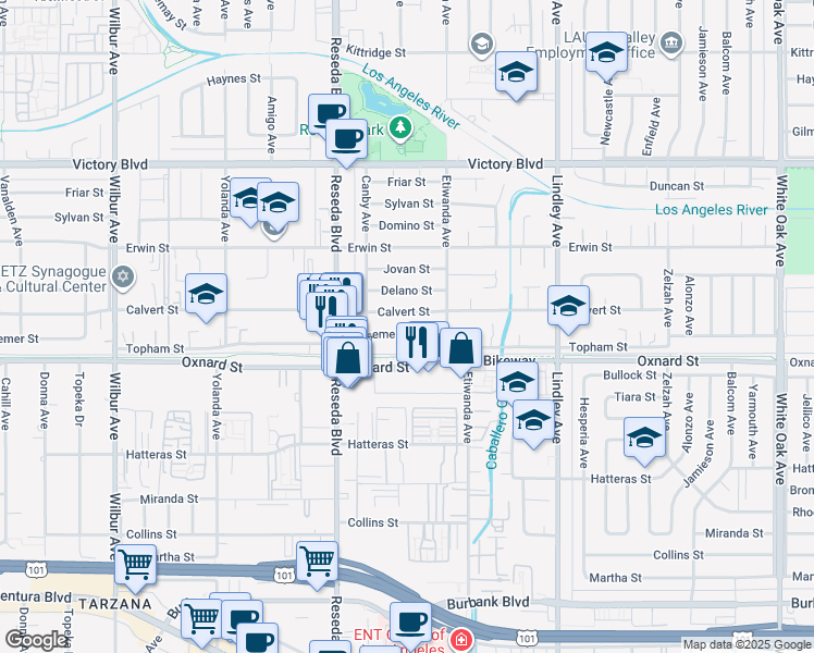 map of restaurants, bars, coffee shops, grocery stores, and more near 18337 Calvert Street in Los Angeles