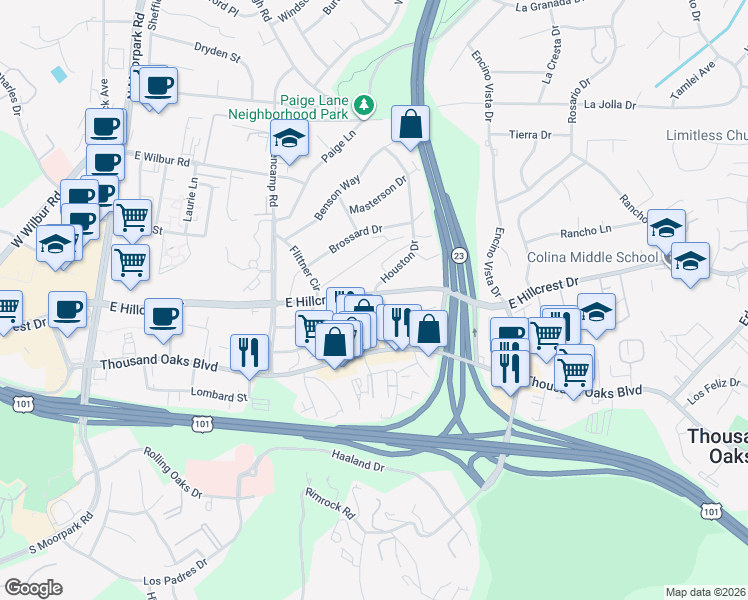 map of restaurants, bars, coffee shops, grocery stores, and more near 170 Houston Drive in Thousand Oaks