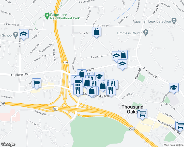 map of restaurants, bars, coffee shops, grocery stores, and more near 216 Gazania Court in Thousand Oaks