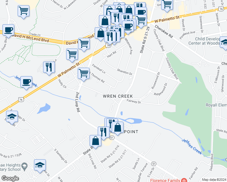 map of restaurants, bars, coffee shops, grocery stores, and more near 412 Burris Road in Florence